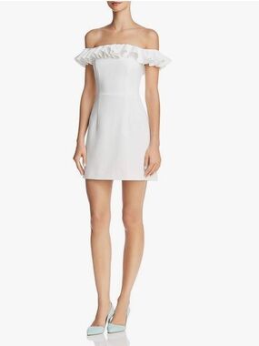 French Connection Off-Shoulder White Bridal Ruffle Mini Dress, Size 6